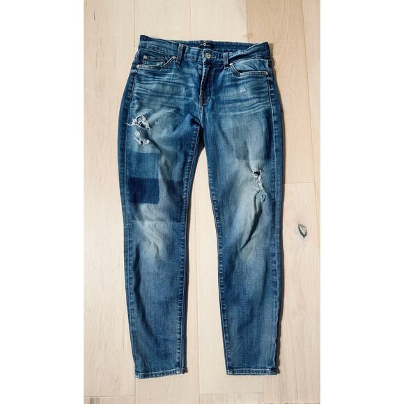 7 For All Mankind Jeans Size 27 Distressed Skinny Denim Ankle Holey - Picture 2 of 12